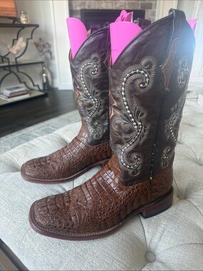 Ferrini 10.5 Brown Crocodile Leather Western Boots with Embroidered Shaft